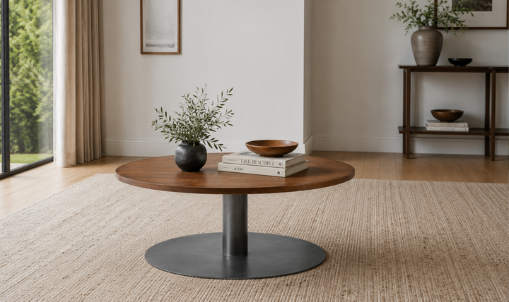 Bernhardt Loft Brasea Wood Cocktail Table With Steel Pedestal Base