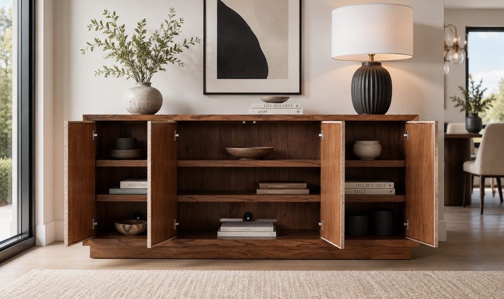 Bernhardt Loft Brasea Wood Credenza With Doors & Adjustable Shelves - Jennifer Furniture