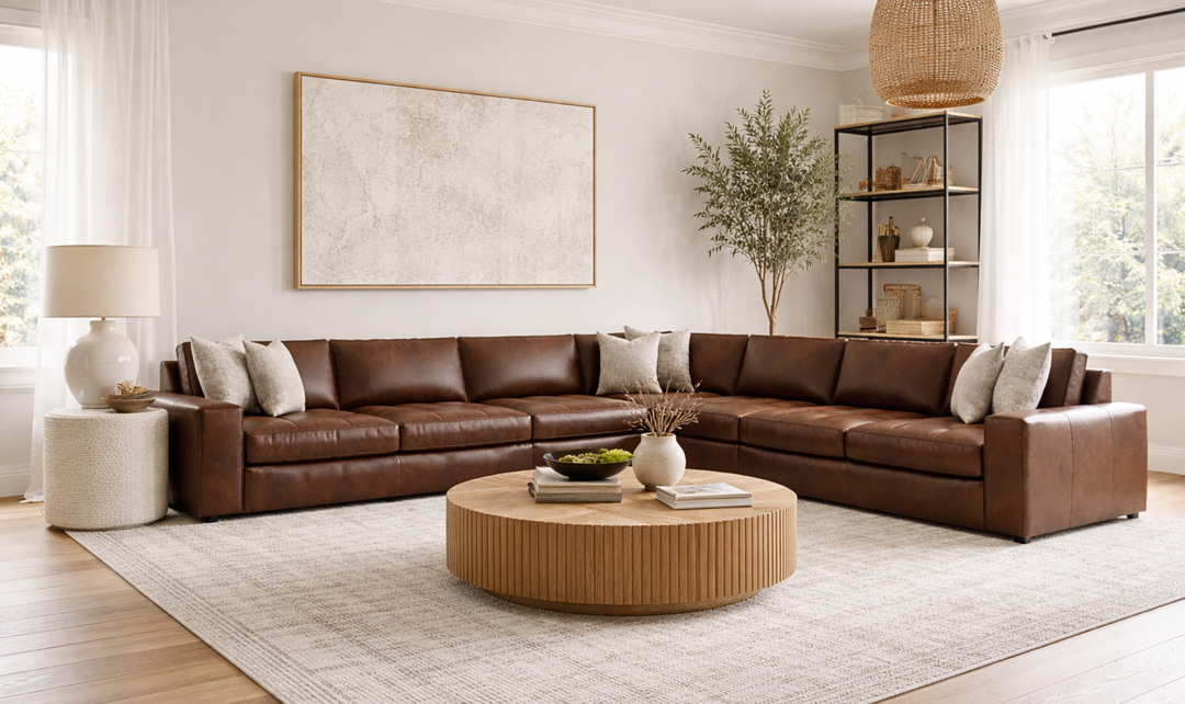 Bernhardt Nest Leather Sectional Sofas With Throw Pillows- Jennifer Furniture