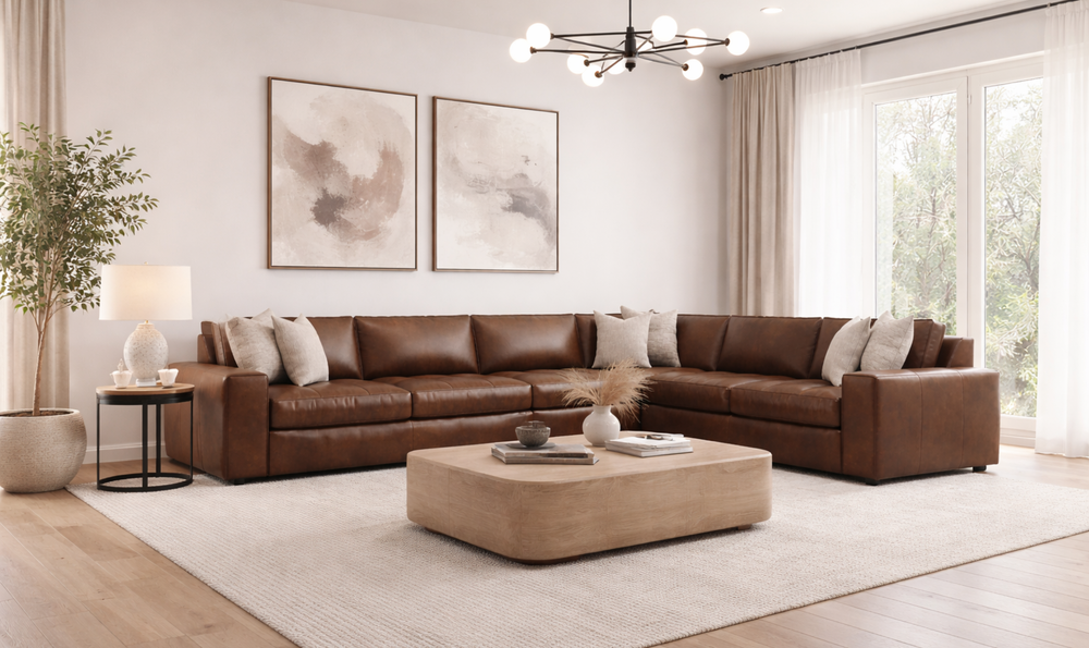 Bernhardt Nest Leather Sectional Sofas With Throw Pillows- Jennifer Furniture