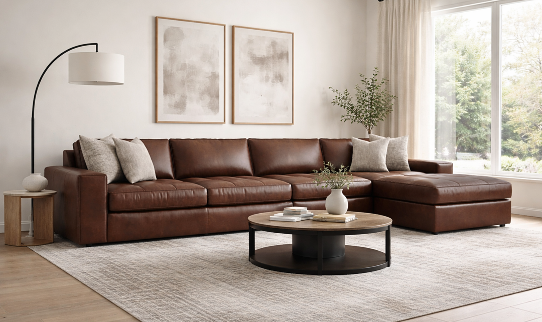 Bernhardt Nest Brown Leather Modern Sectional With Chaise