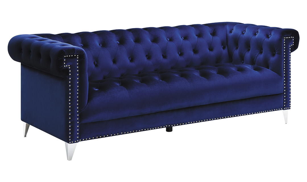 Coaster Bleker 3-Seater Blue Velvet Tufted Tuxedo Arm Sofa