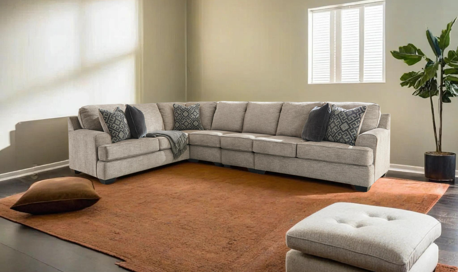 Bovarian Fabric Sectional With Soft Pillow In Stone