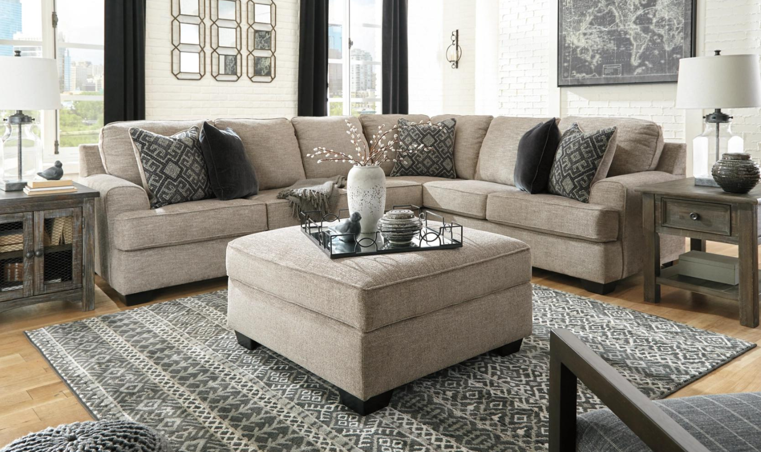 Bovarian Fabric Sectional With Soft Pillow In Stone