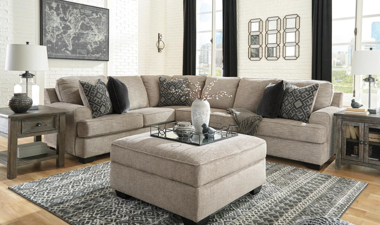 Bovarian Fabric Sectional With Soft Pillow In Stone