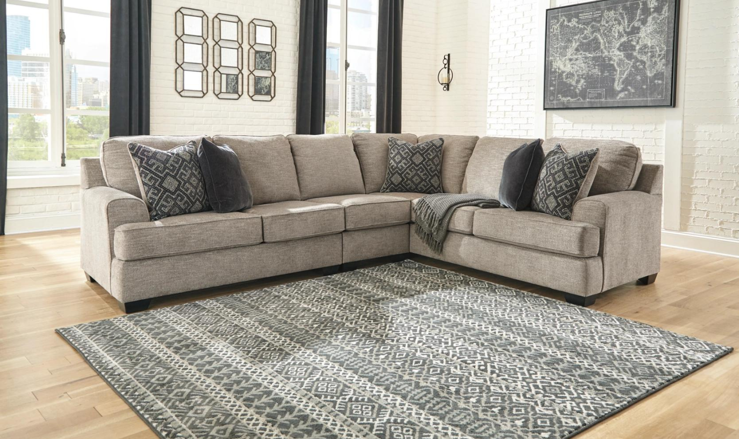Bovarian Fabric Sectional With Soft Pillow In Stone