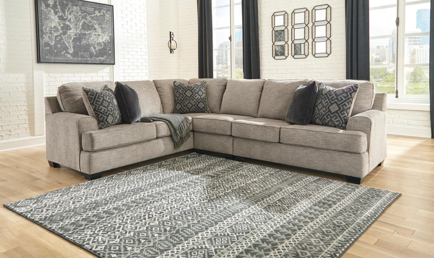 Bovarian Fabric Sectional With Soft Pillow In Stone
