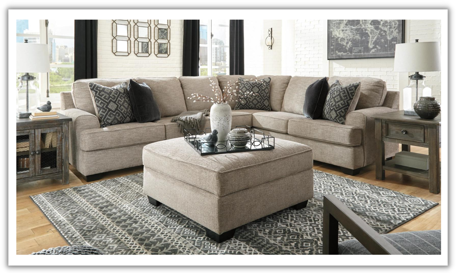 Bovarian Fabric Sectional With Soft Pillow In Stone