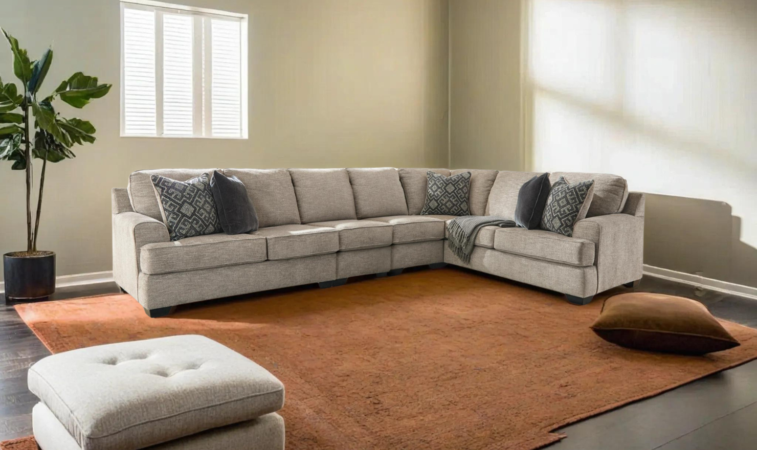 Bovarian Fabric Sectional With Soft Pillow In Stone