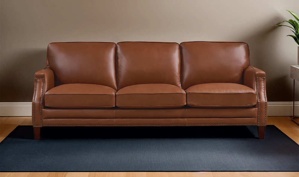 Camano 3 Seater 84'' Leather Sofa With Nail-Head Finish-Jennifer Furniture 