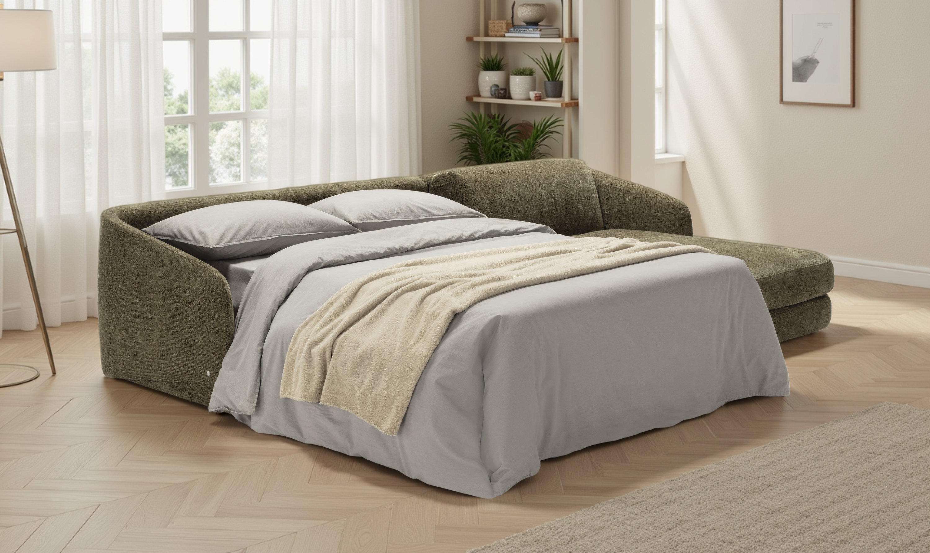 Klaussner Italia Cantico L-Shape Sleeper Sectional Sofa Chaise in Olive Green