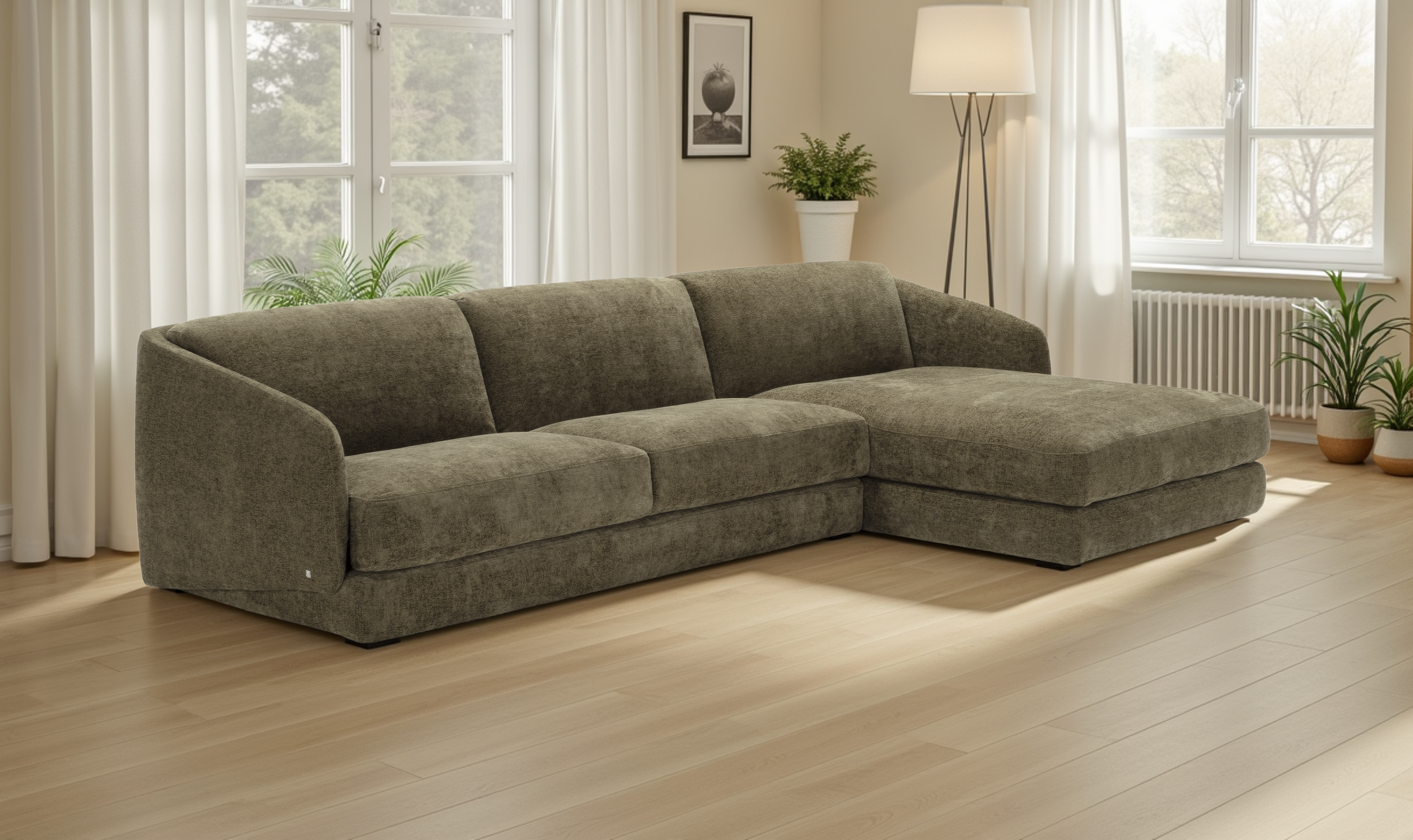 Klaussner Italia Cantico L-Shape Sleeper Sectional Sofa Chaise in Olive Green
