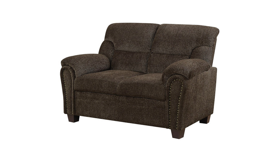 Clementine Upholstered Loveseat with Nailhead Trim Grey and Brown