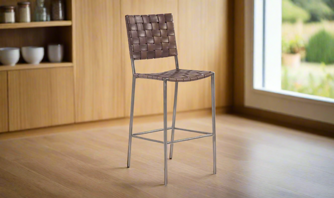 Copenhagen Bar Chair in Brown Buffalo Leather and Iron-Jennifer Furniture