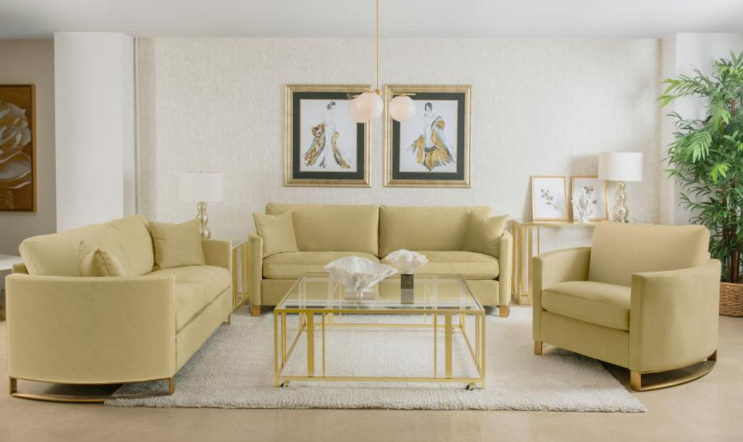 Corliss Beige Fabric Living Room Set with Recessed Arms