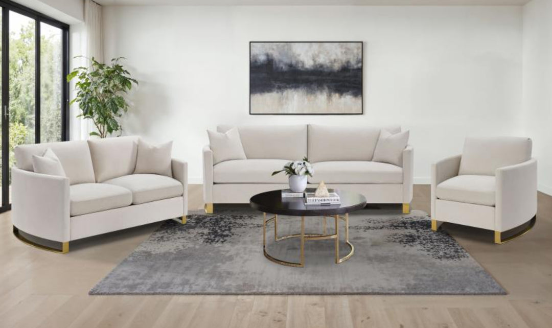 Corliss Beige Fabric Living Room Set with Recessed Arms