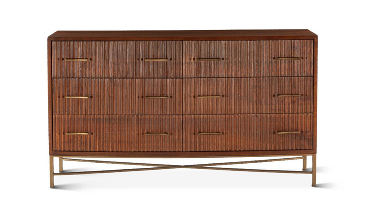 Cosmopolitan Six Drawer Dresser With Honey Brown Finish And Iron Base-Jennifer Furniture