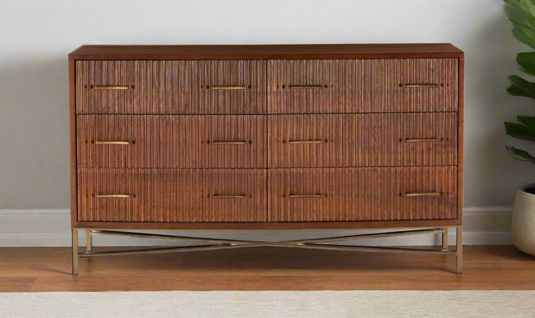 HTD Cosmopolitan 6-Drawer Dresser With Honey Brown Finish And Iron Base