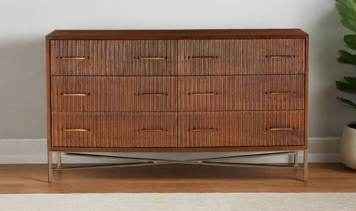 HTD Cosmopolitan 6-Drawer Dresser With Honey Brown Finish And Iron Base