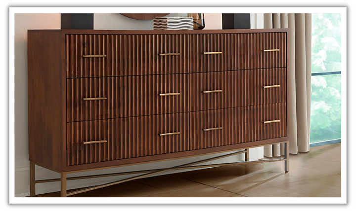 Cosmopolitan Six Drawer Dresser With Honey Brown Finish And Iron Base-Jennifer Furniture
