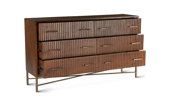 Cosmopolitan Six Drawer Dresser With Honey Brown Finish And Iron Base-Jennifer Furniture