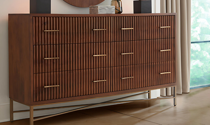 Cosmopolitan Six Drawer Dresser With Honey Brown Finish And Iron Base-Jennifer Furniture