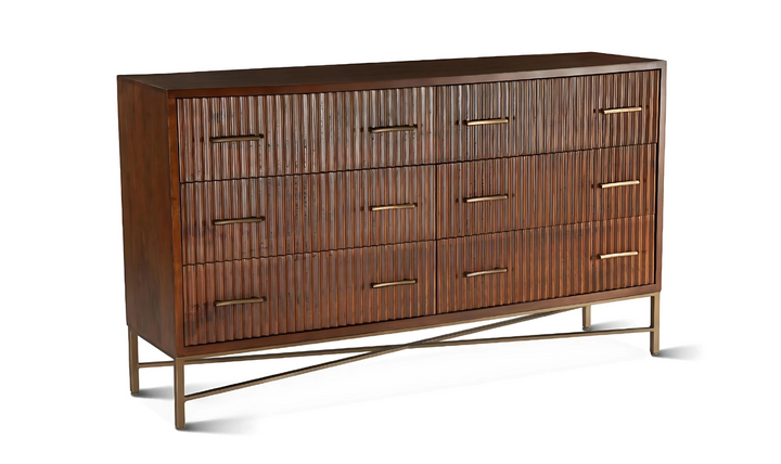 Cosmopolitan Six Drawer Dresser With Honey Brown Finish And Iron Base-Jennifer Furniture