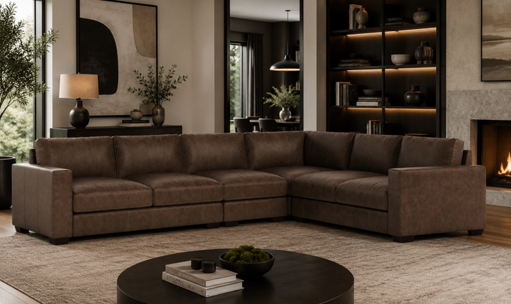Bernhardt Dawkins L-Shaped Leather Sectional Sofa with Oversized Track Arms - Jennifer Furniture