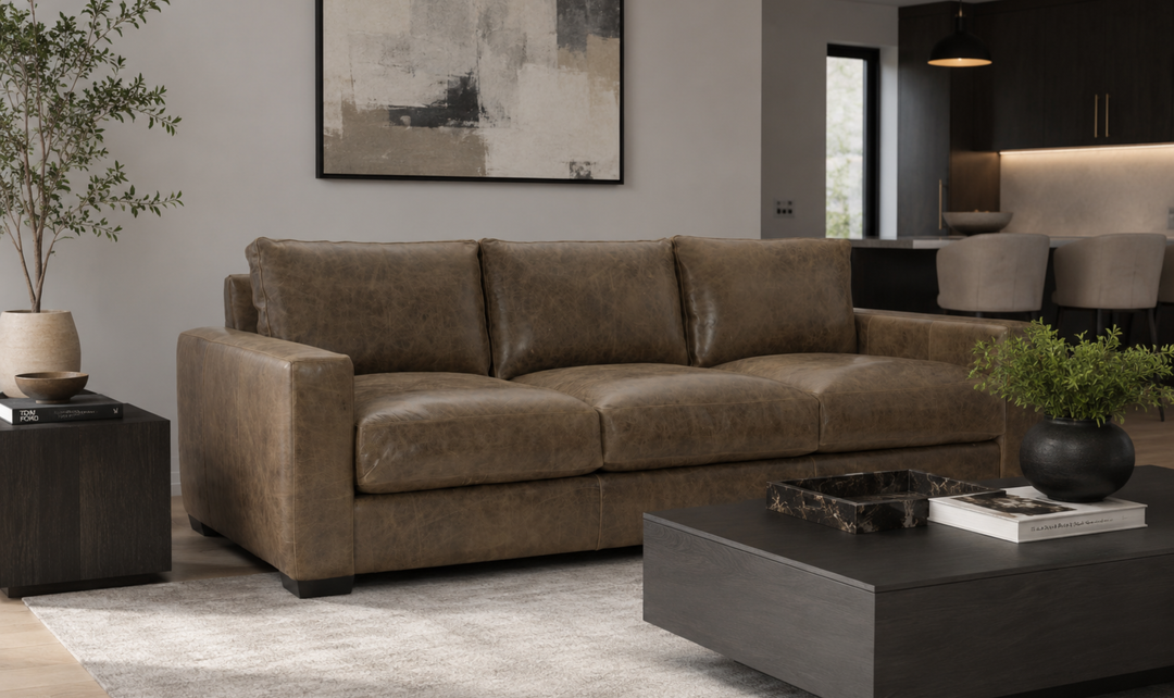Bernhardt Dawkins Top-Grain Leather Sofa with Track Arms in Brown - Jennifer Furniture