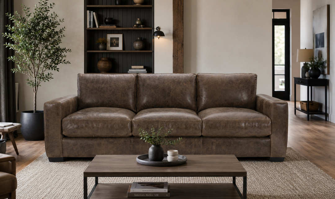 Bernhardt Dawkins Top-Grain Leather Sofa with Track Arms in Brown - Jennifer Furniture