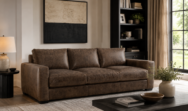 Bernhardt Dawkins Top-Grain Leather Sofa with Track Arms in Brown - Jennifer Furniture