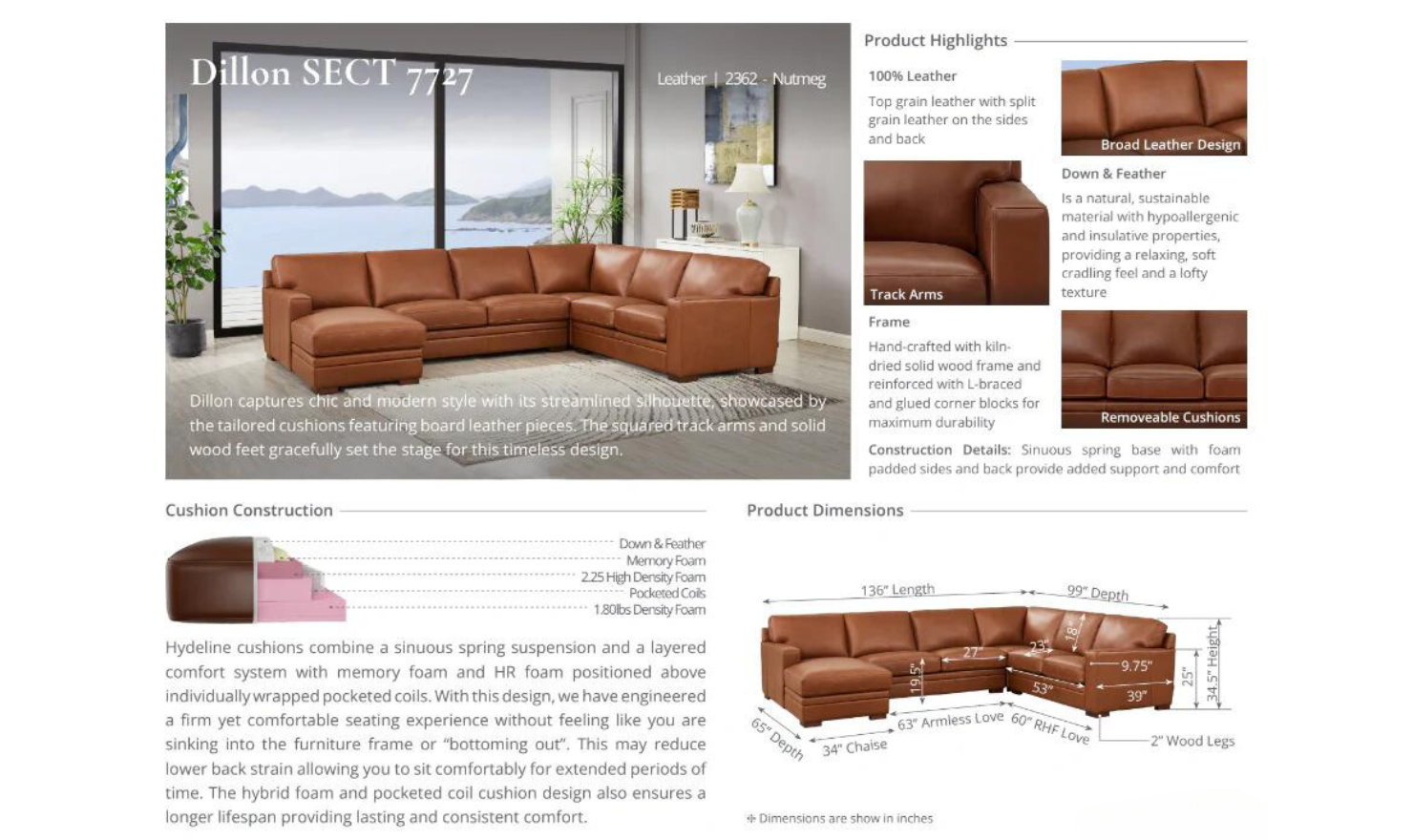 Dillon U-Shape Leather Sectional Sofa in Nutmeg Brown