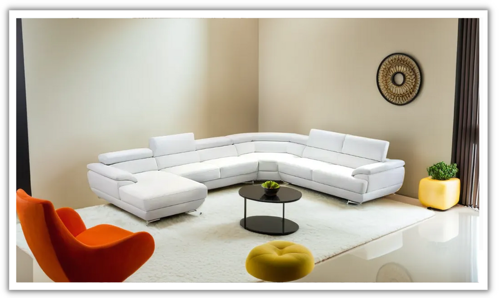 ESF Furniture Corde U-Shaped Leather Sectional Sofa with Chaise in White