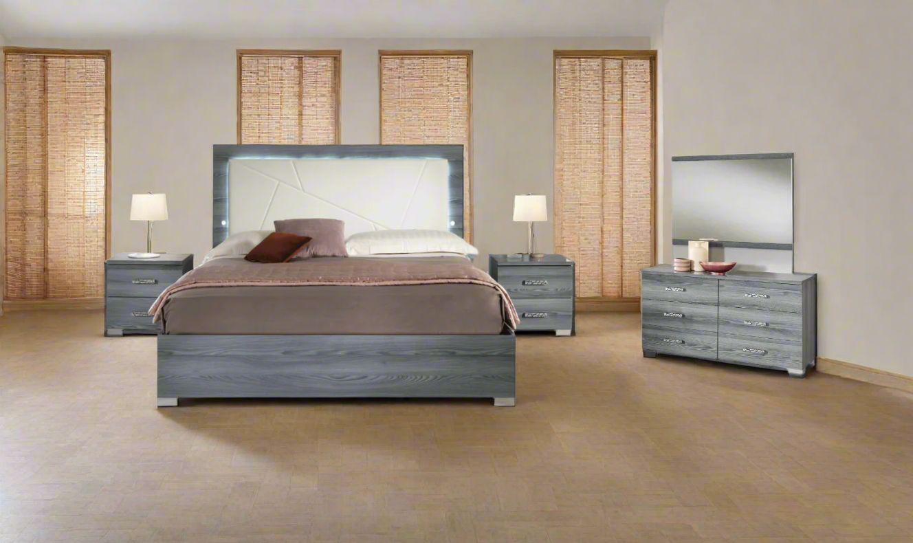 ESF Italia Nicole King Size Gray Bedroom Set (Bed + Dresser + Mirror + Nightstand)