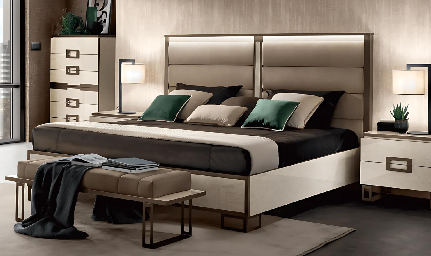ESF Italia Poesia Rectangle Wooden Bed with Upholstered Headboard (King / Queen)-Jennifer Furniture