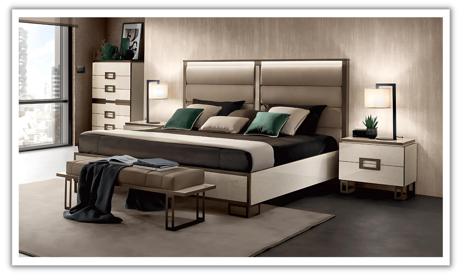 ESF Italia Poesia Rectangle Wooden Bed with Upholstered Headboard (King / Queen)-Jennifer Furniture