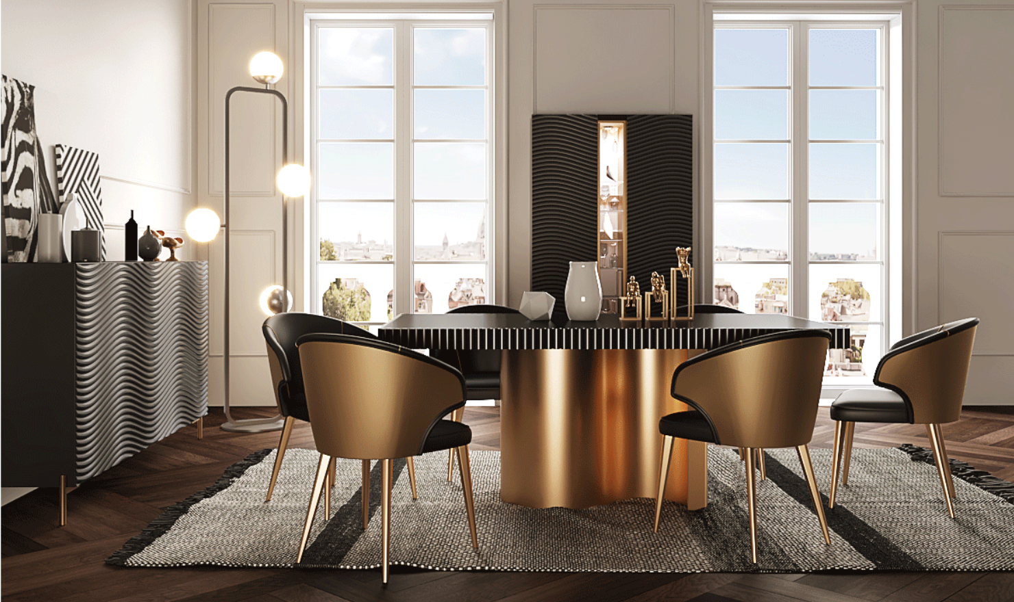 ESF Italia Wave Dark Gray Dining Set (Dining Table + Chairs + China Cabinet + Buffet)