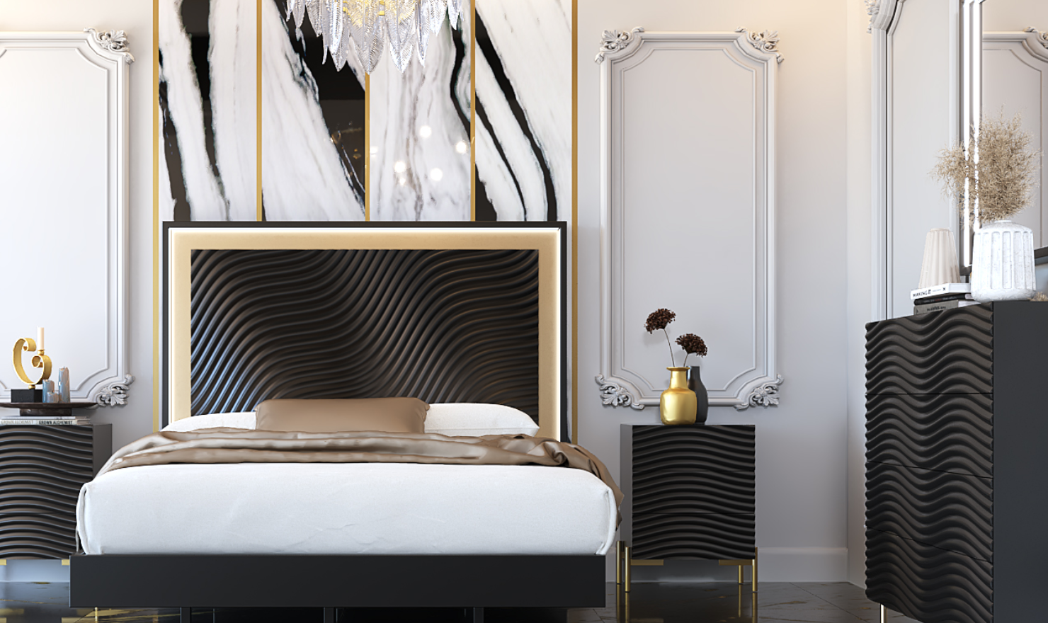 ESF Italia Wave Wooden Bedroom Set In Dark Gray (Queen/King Bed + 2 Nightstand + Dresser + Mirror)