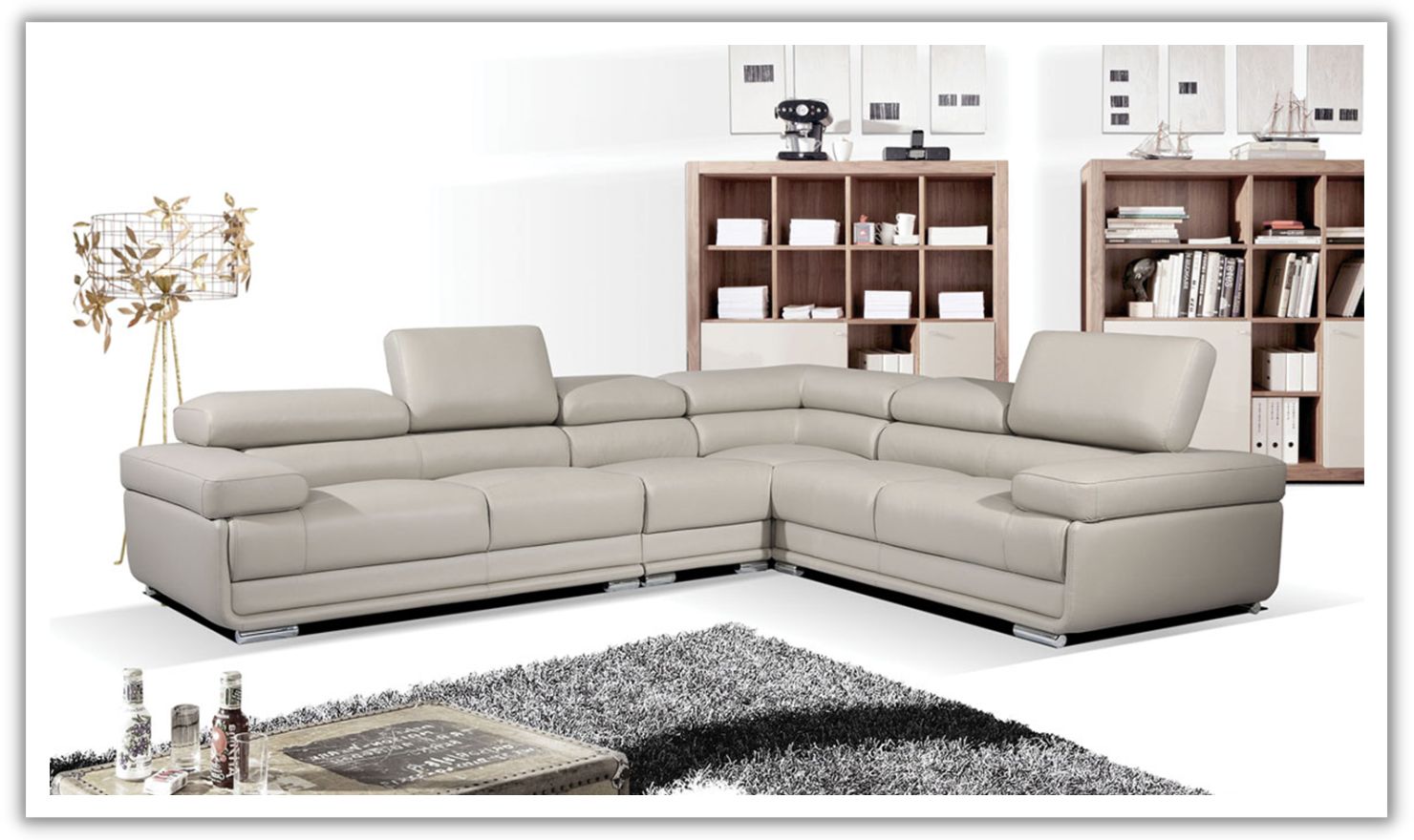 ESF Italia Baxton L-Shaped Leather Sectional Sofa with Tufted Cushions