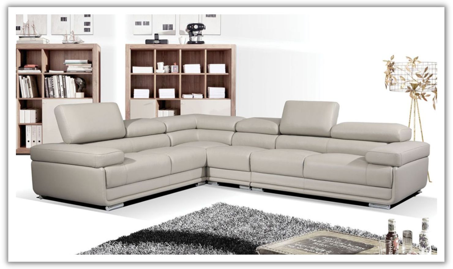 ESF Italia Baxton L-Shaped Leather Sectional Sofa with Tufted Cushions