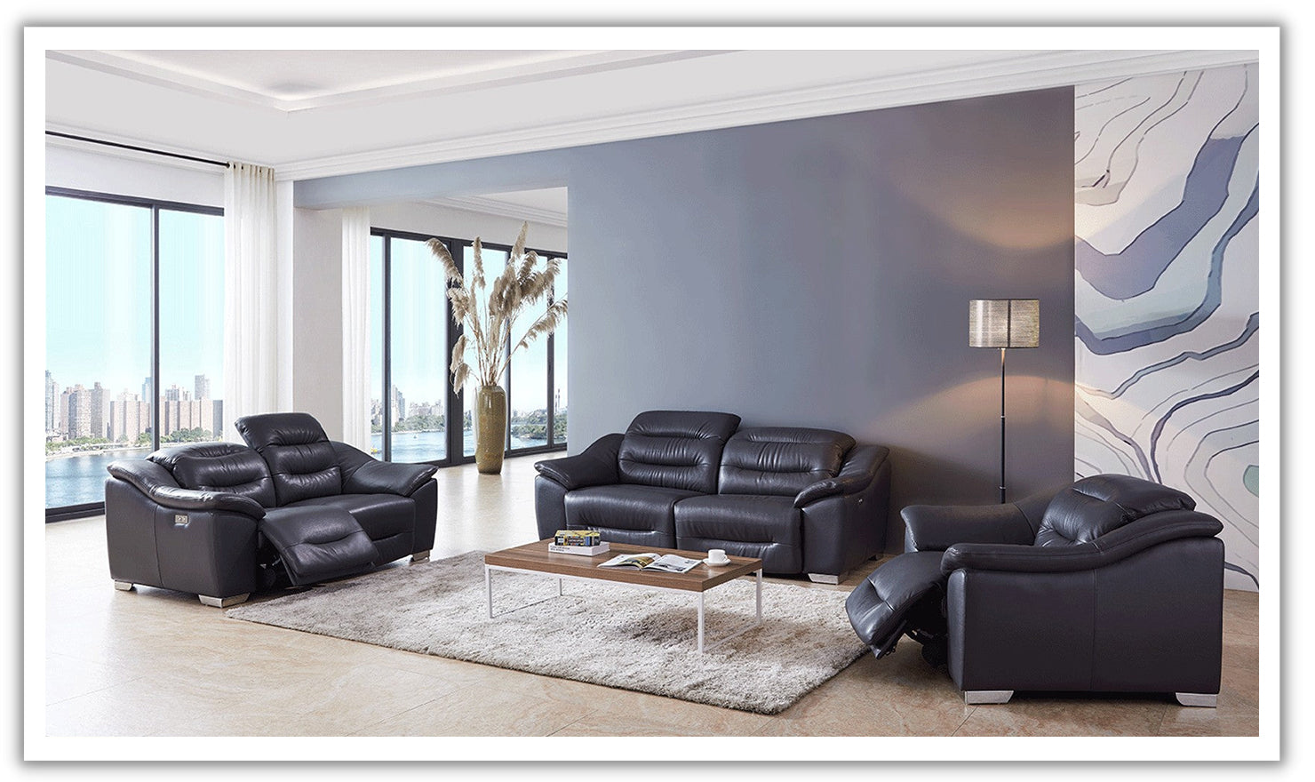 ESF Italia Abram Charcoal Leather Tufted Power Reclining Loveseat