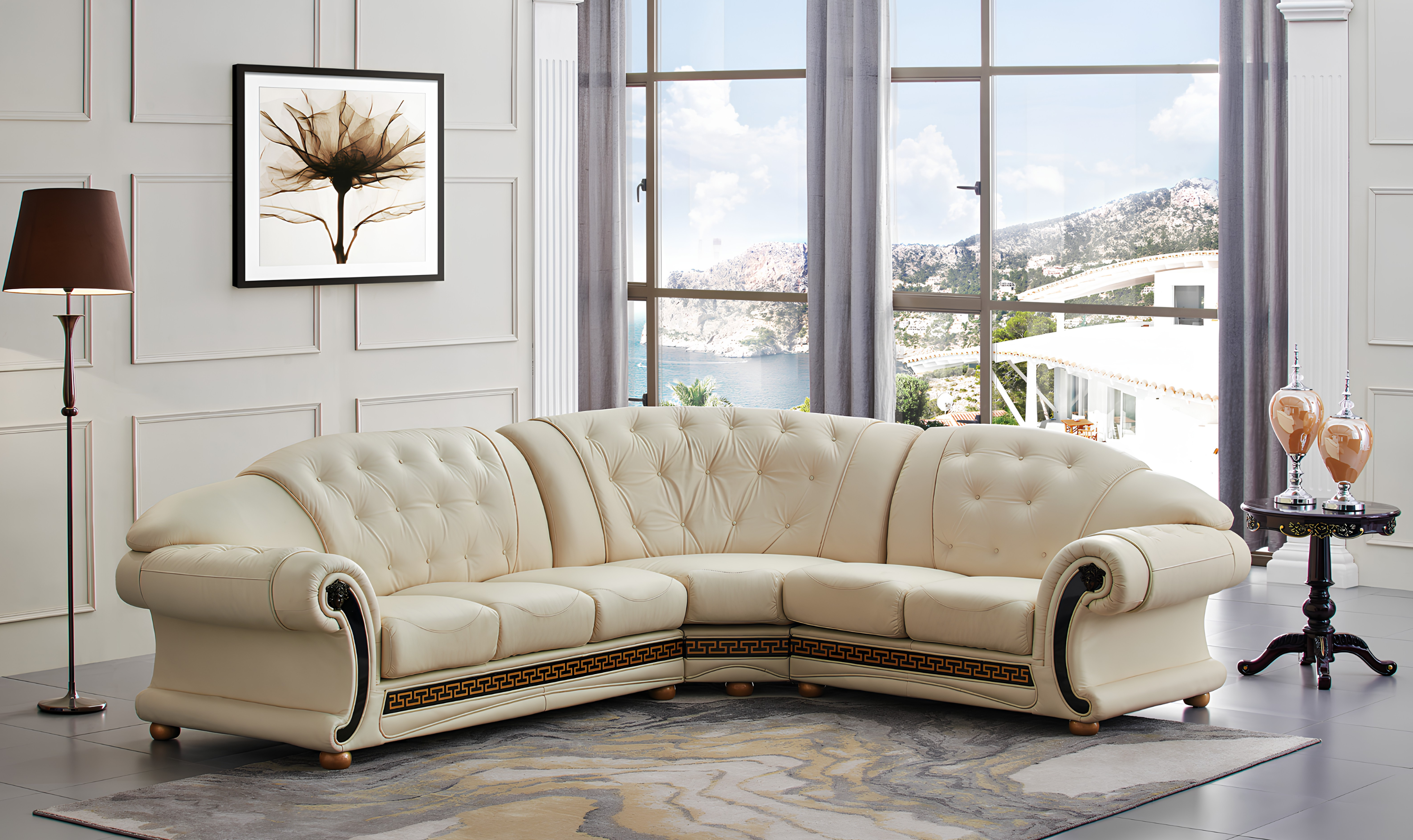 ESF Italia Apolo 6-Seater L-Shaped Leather Sectional Sofa with Rolled Arms