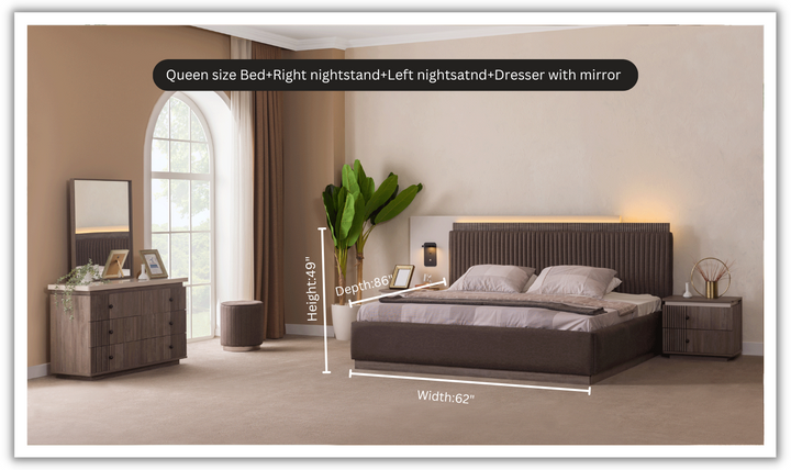 ESF Italia Elvis Brown Storage Bedroom Set With Upholstered Headboard (Queen/King Bed + Nightstand + Dresser with Mirror)