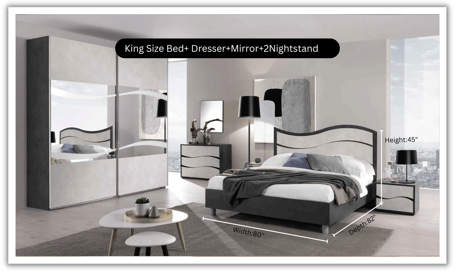ESF Italia Ischia Wooden Bedroom Set With Mat Finish (Queen/King Bed + 2 Nightstand + Dresser + Mirror)