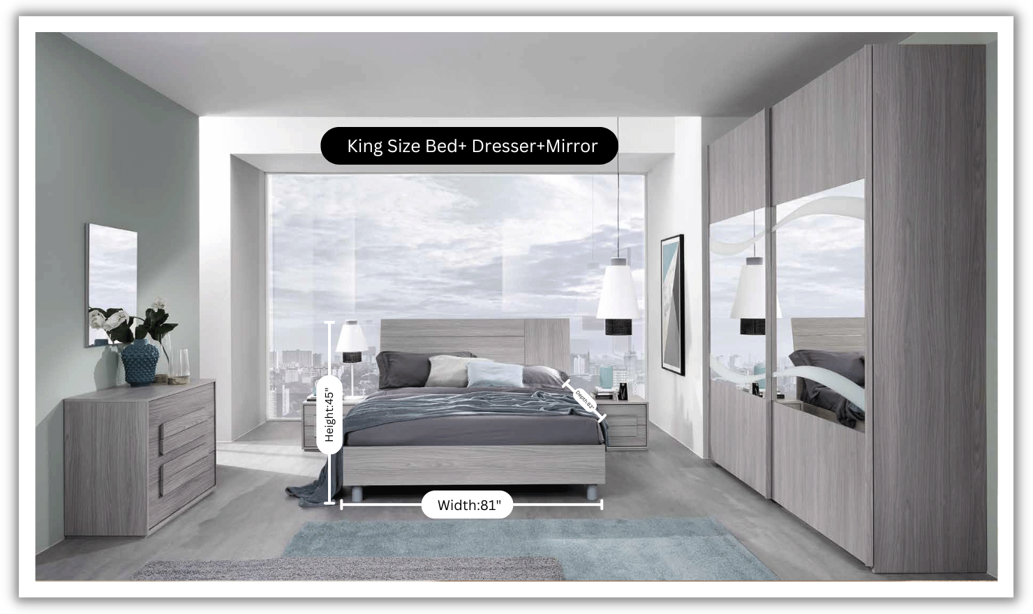 ESF Italia Linosa Beige Wooden Bedroom Set (Queen/King Bed + Dresser + Mirror)