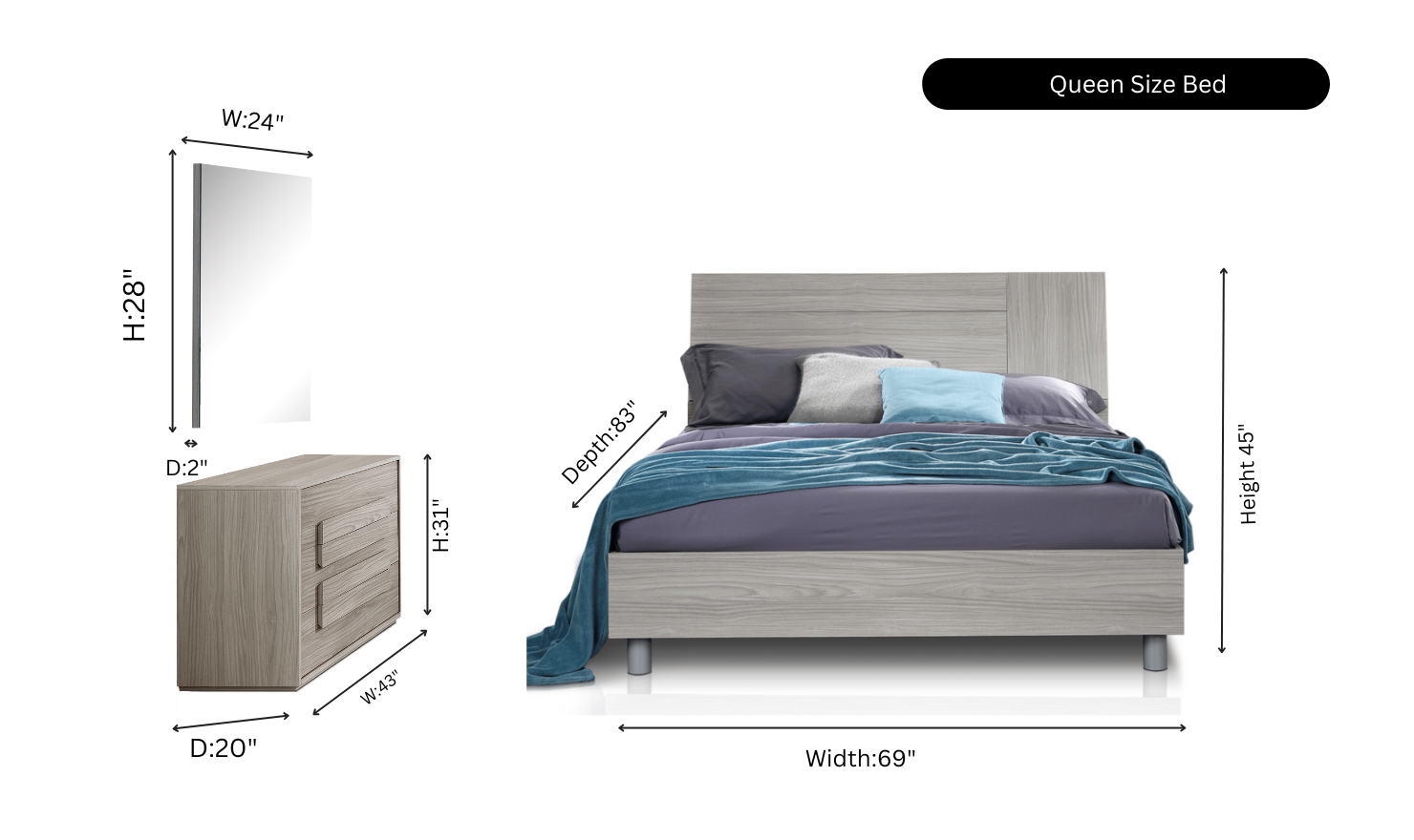 ESF Italia Linosa Beige Wooden Bedroom Set (Queen/King Bed + Dresser + Mirror)