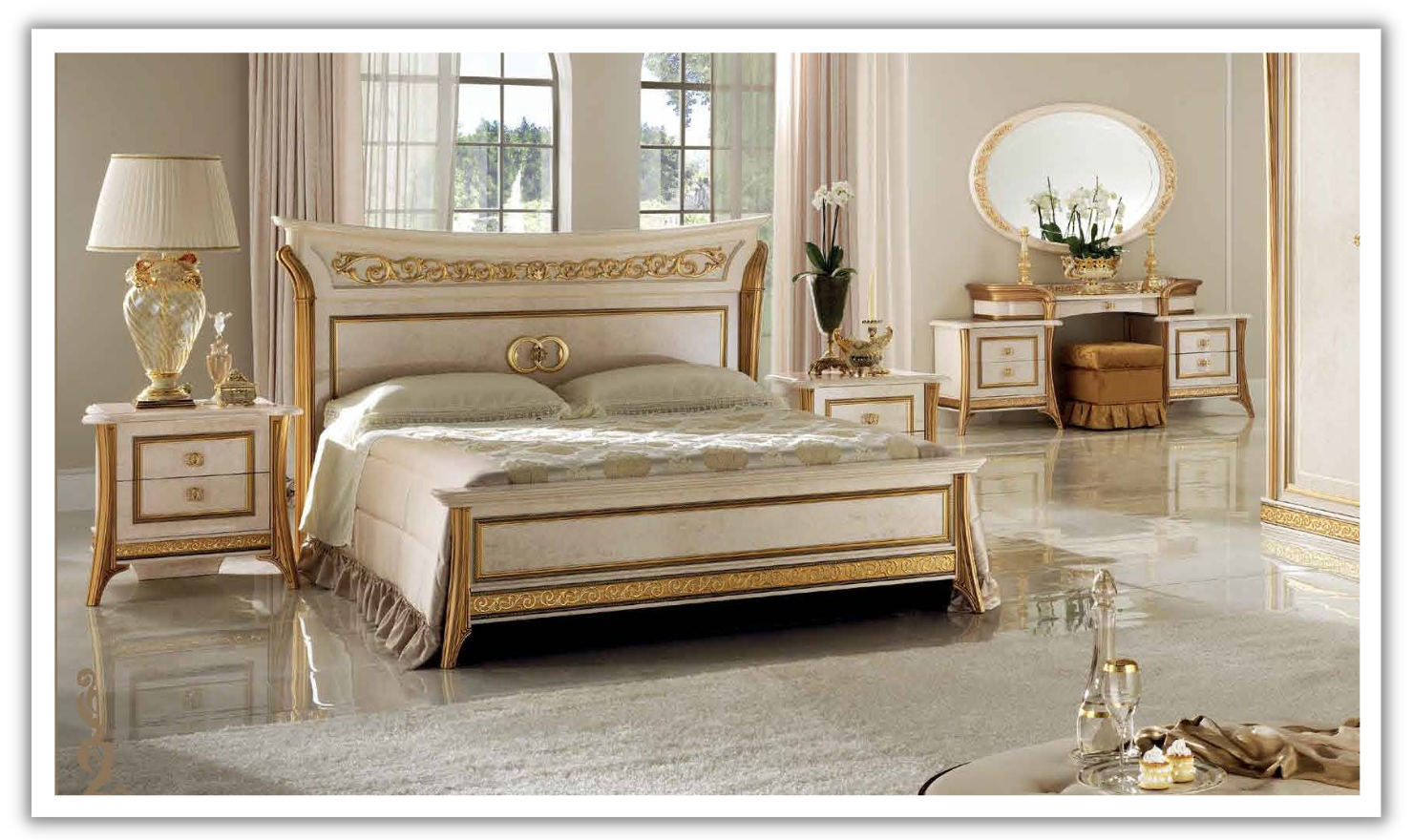 ESF Italia Melodia Beige Bed with Gold Carved Detailing (King / Queen size)-jennifer furniture