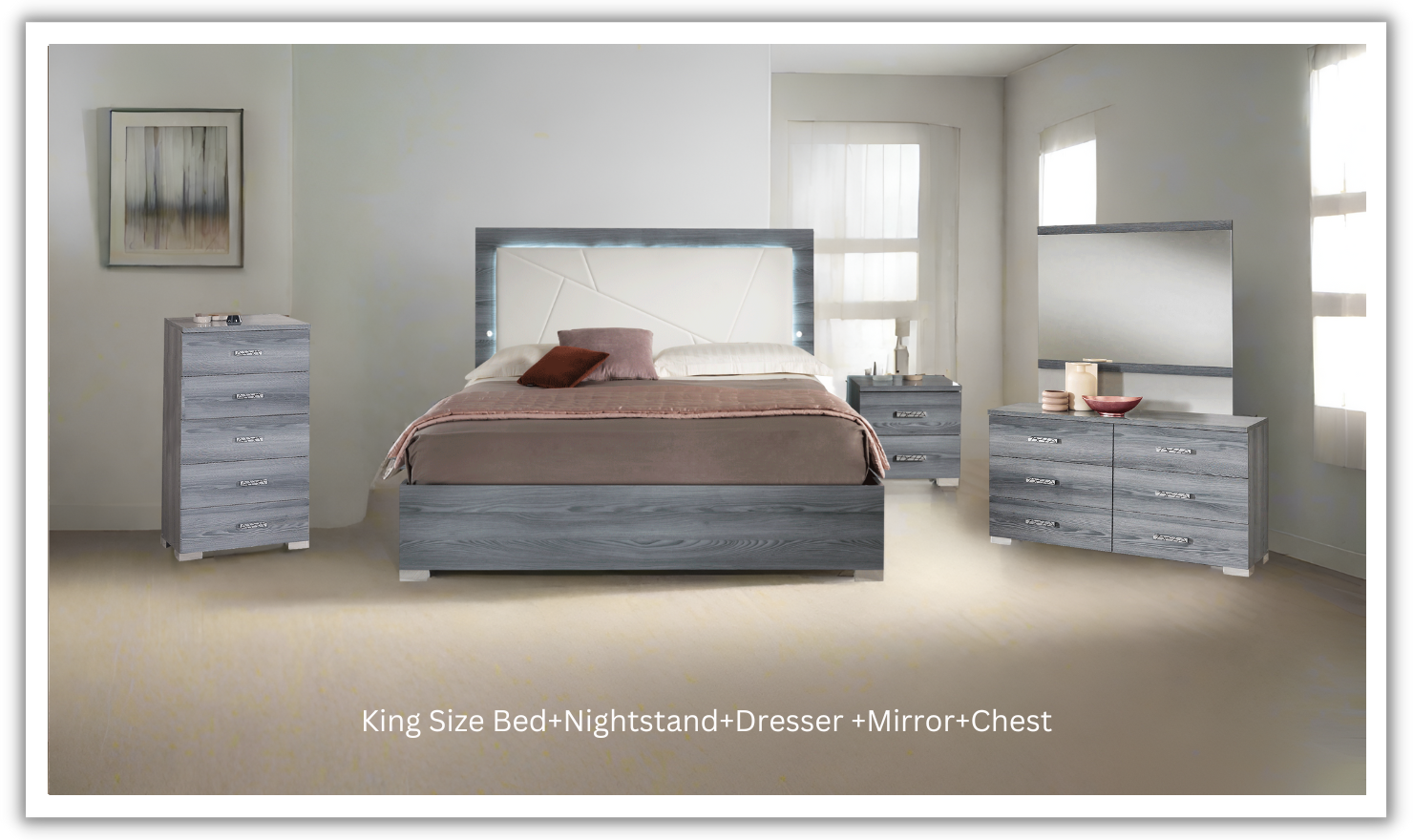 ESF Italia Nicole King Size Gray Bedroom Set (Bed + Dresser + Mirror + Nightstand)