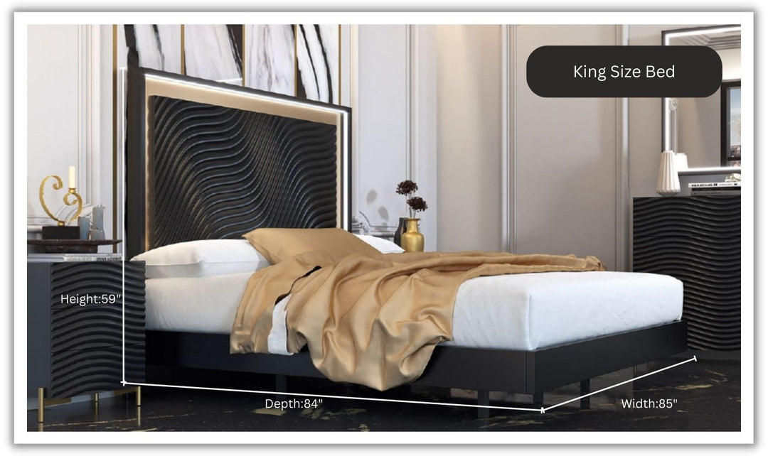 ESF Italia Wave Dark Gray Wooden King/Queen Size Bed With Wave Pattern Headboard