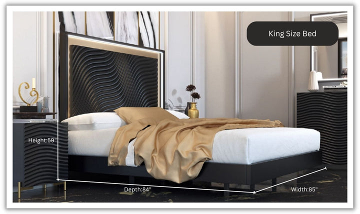 ESF Italia Wave Dark Gray Wooden King/Queen Size Bed With Wave Pattern Headboard